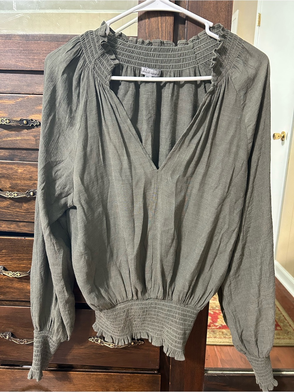 Smocked Hem Olive Green Long Sleeve Women's Top